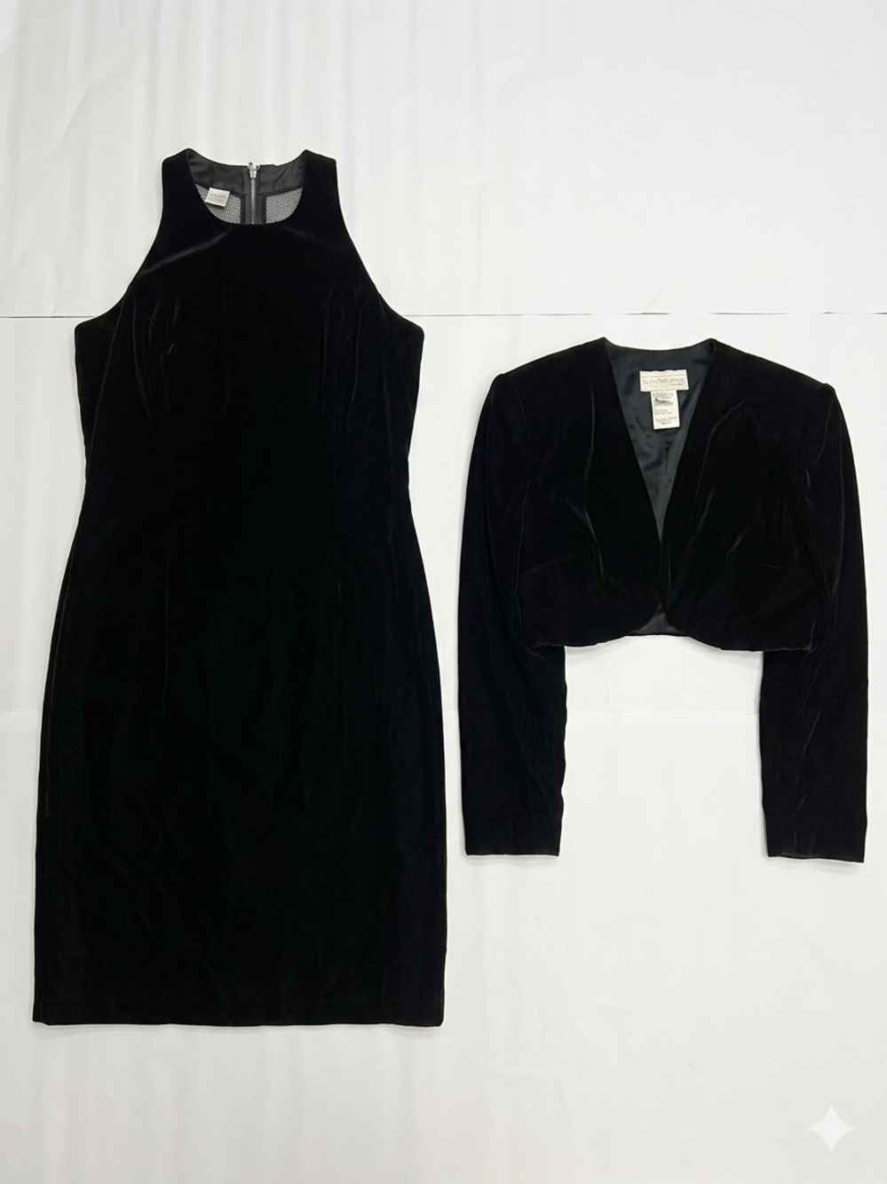 Vtg Scott McClintock Cherry Black Velvet 2pc Set Midi Sheath Dress Jacket L/10